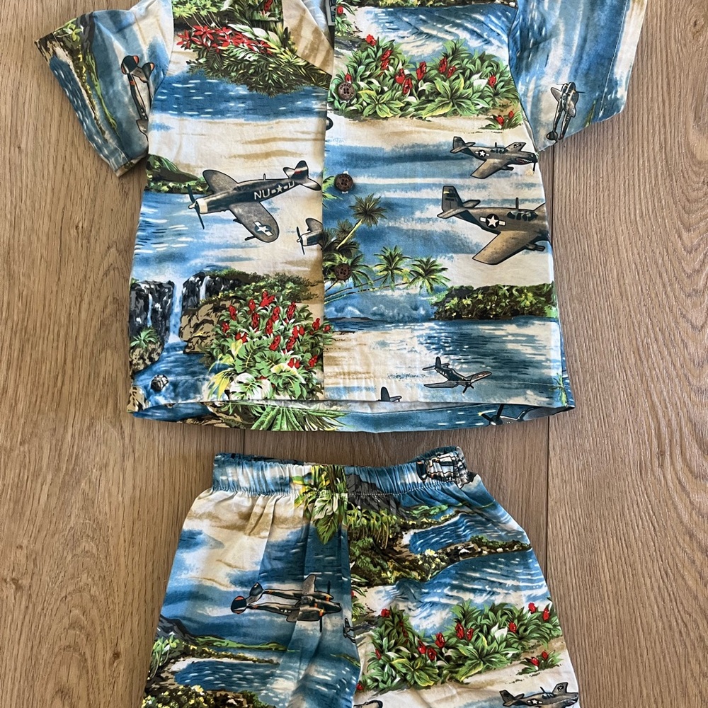 RJC Boys Blue Tropical Airplane Short Sleeve Set Hawaii Wear